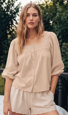 THE GREAT. Eyelet Button Sleep Top Washed Rose Blush Cotton Size 2